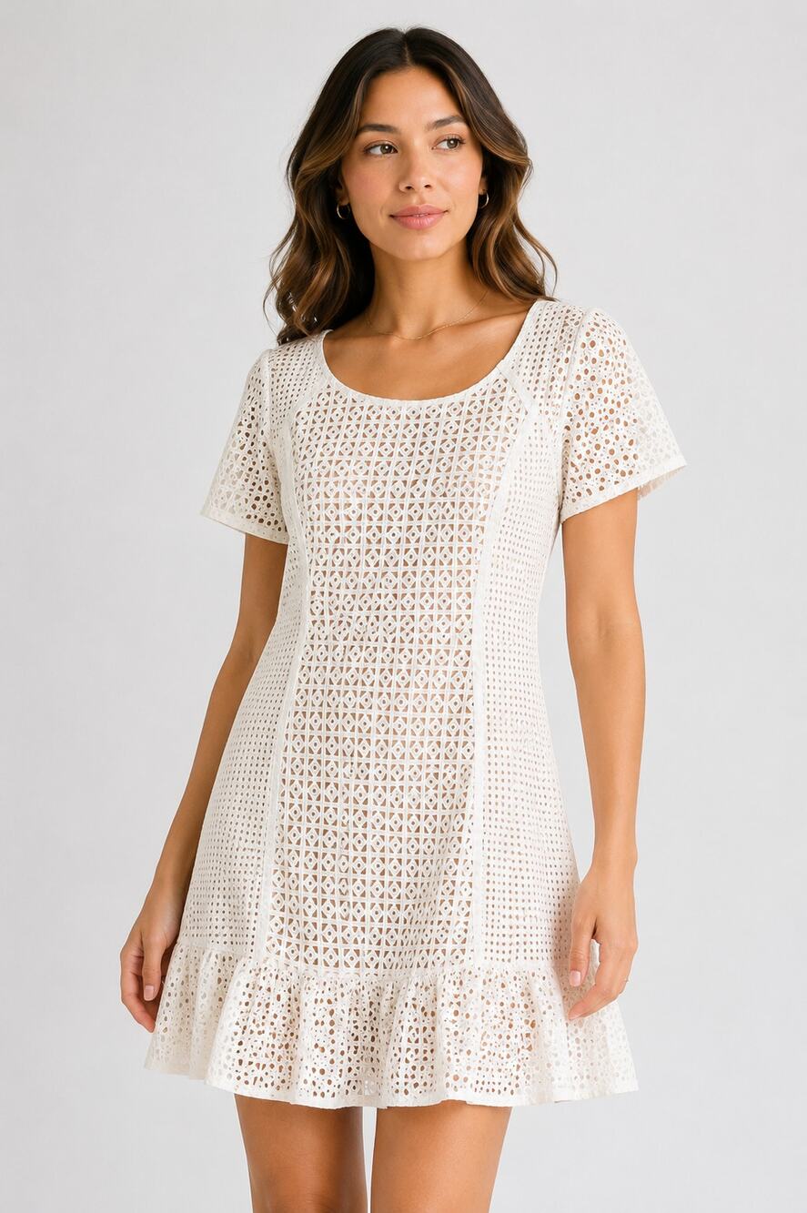 Anthropologie HD in Paris Georgia Eyelet Short Sleeve Flounce Hem Dress 10 NWT